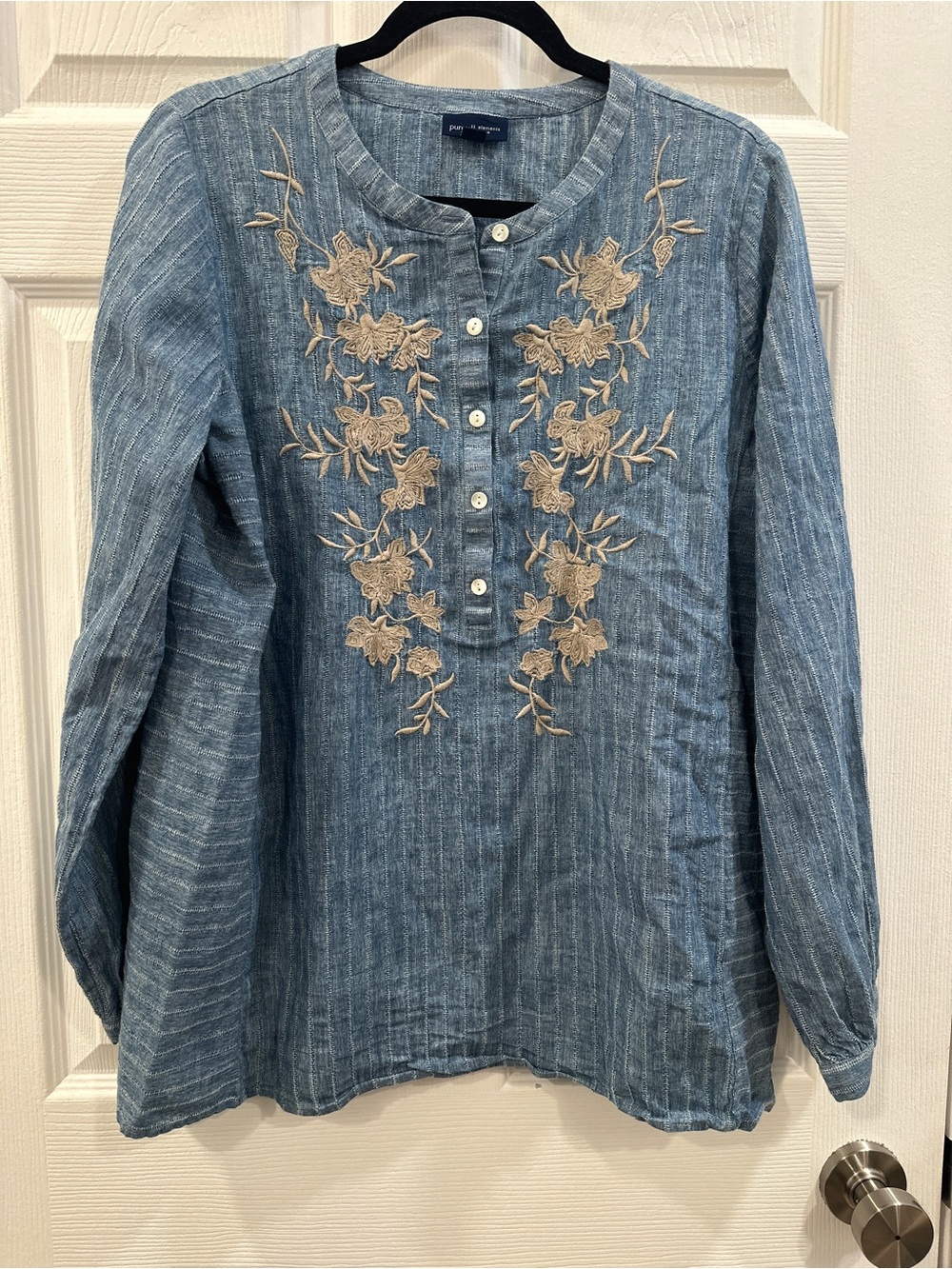 Pure Jill Indigo Women's SZ M 100% Cotton Striped Embroidered Tunic In Blue